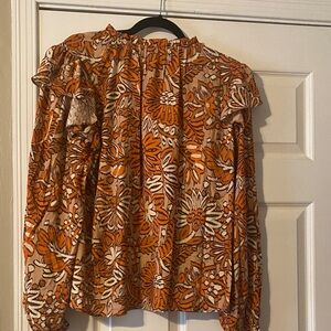Floral Ruffle Blouse - Orange and Brown